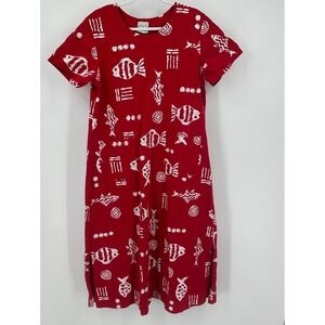 Womens Artsy Cottagecore Midi Dress Size M Red Fish Print Boho Everyday USA Made